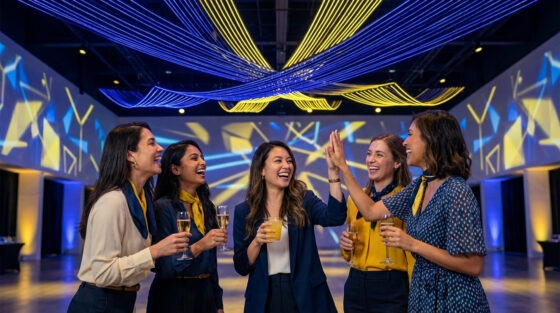 Cinq femmes souriantes célèbrent, levant leurs verres et se faisant un high-five, dans un espace festif illuminé en bleu et jaune.