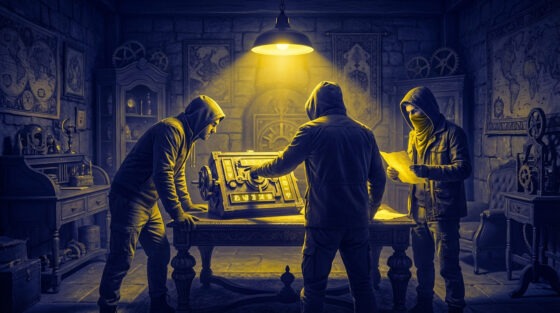 Trois personnes encapuchonnées travaillent ensemble à résoudre une énigme mécanique complexe dans une pièce sombre, éclairée par une lumière jaune vive.