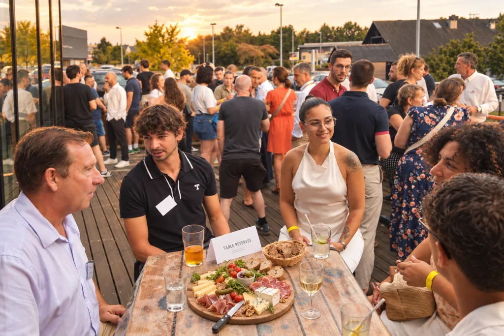 Collaborateurs réunis autour d’une planche apéritive lors d’un afterwork près de Rennes