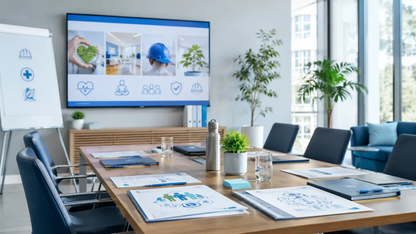 Salle de formation en entreprise avec supports de prévention, santé et sécurité au travail
